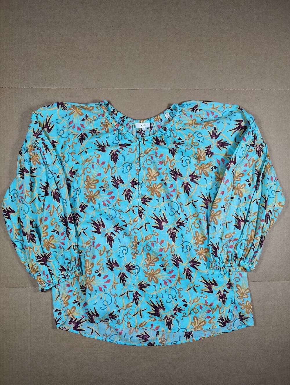 A.L.C Women's Turquoise Floral Leaf Cotton Balloon Sleeve Blouse Size 10